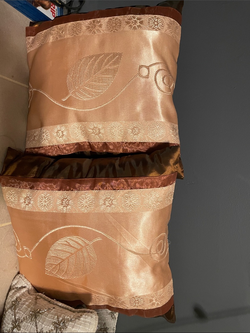Vintage Bronze and Brown Leaf Embroidered Decorative Pillow Shams - Set of 2
